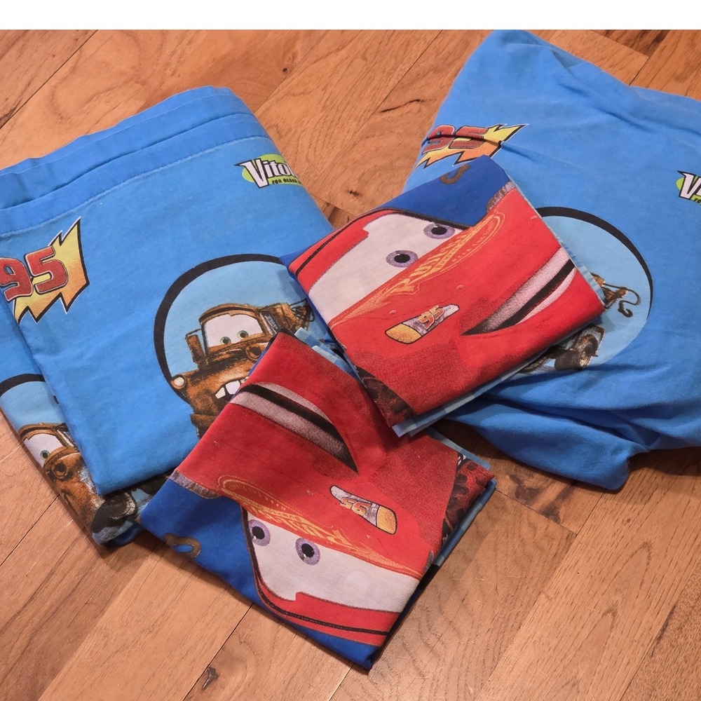 Disney Pixar Cars Full Flat Sheet and 2 Pillowcases Lightning McQueen Mater Blue